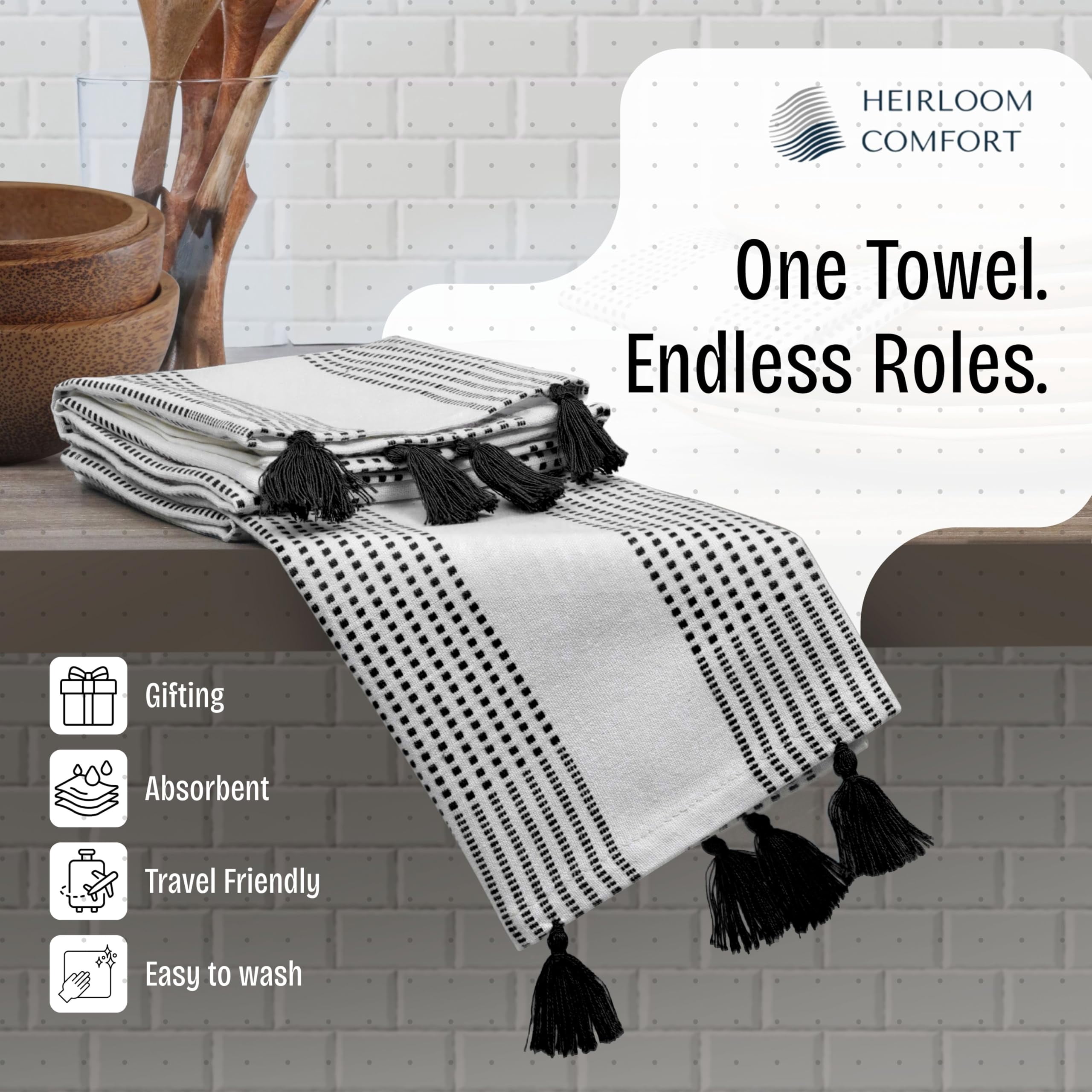 HEIRLOOM COMFORT Black Decorative Dotted Kitchen Towels 16x26 Inch, 3 Pack, Ultra Absorbent, Soft, 100% Cotton Towels with Tassels, Fast-Dry for Cleaning, Drying Dishes, and Everyday Use