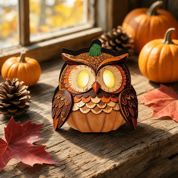 LOWLHOME Vintage Halloween LED Figurine, Wooden Glowing Owl Decor With Warm Light, Spooky Tabletop Ornament For Mantel Shelf Party, Cute Nostalgic Gift for Family, 5 in