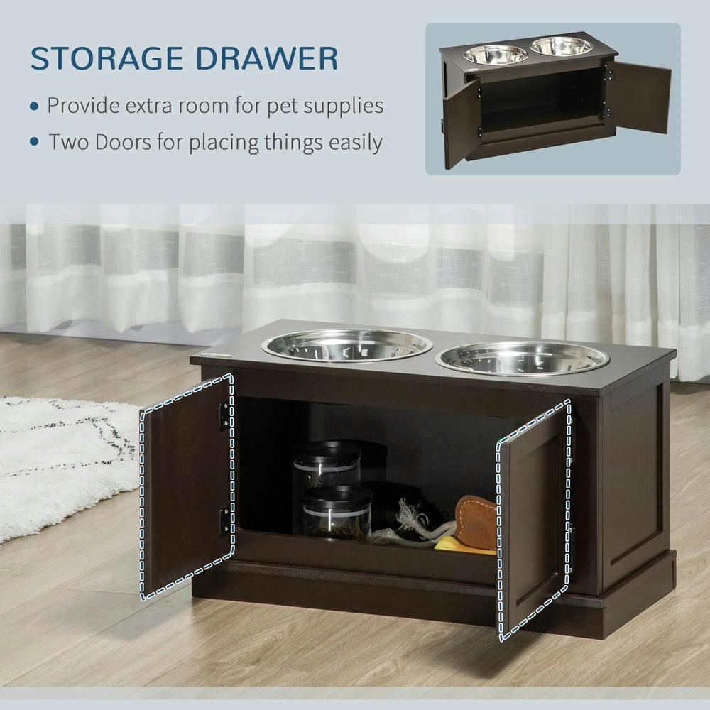 Barara King Pet Feeding Station, Dog Bowls, Elevated Dog Bowls with Storage, Two Stainless Steel Bowls, Coffee