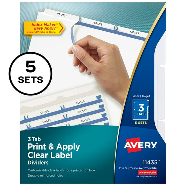 Avery Print & Apply Clear Label Dividers, Index Maker Easy Apply Printable Label Strip, 3 White Tabs, 5 Sets (11435)