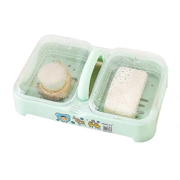Green Soap Box, PVC Portable Multifunction Soap Dish with Lid for Travel