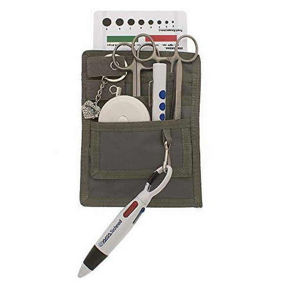 4 Pockets Nurse Organizer Pouch w/Stainless Silver   White Tools - Medical Instrument Organizer with Lister Scissors, LED Penlight, Eye Chart, Chart Pen   More - AsaTechmed (Grey)