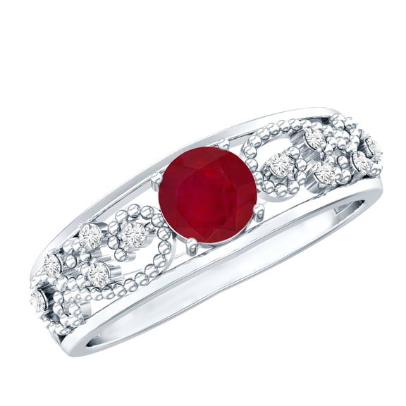 Rosec Jewels Natural Ruby Engagement Ring for Women - Vintage Inspired Ruby Diamond Ring - AAA Quality - with Jewelry Box, 925 Sterling Silver, US 4.00