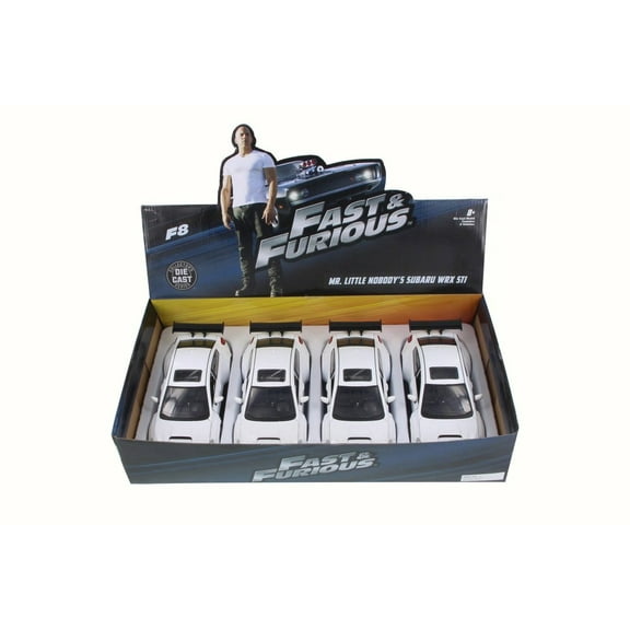 Box of 4 Diecast Model Cars - Mr. Little Nobody's Subaru WRX STI Fast & Furious F8 Fate of Furious, Glossy White, 1/24 Scale