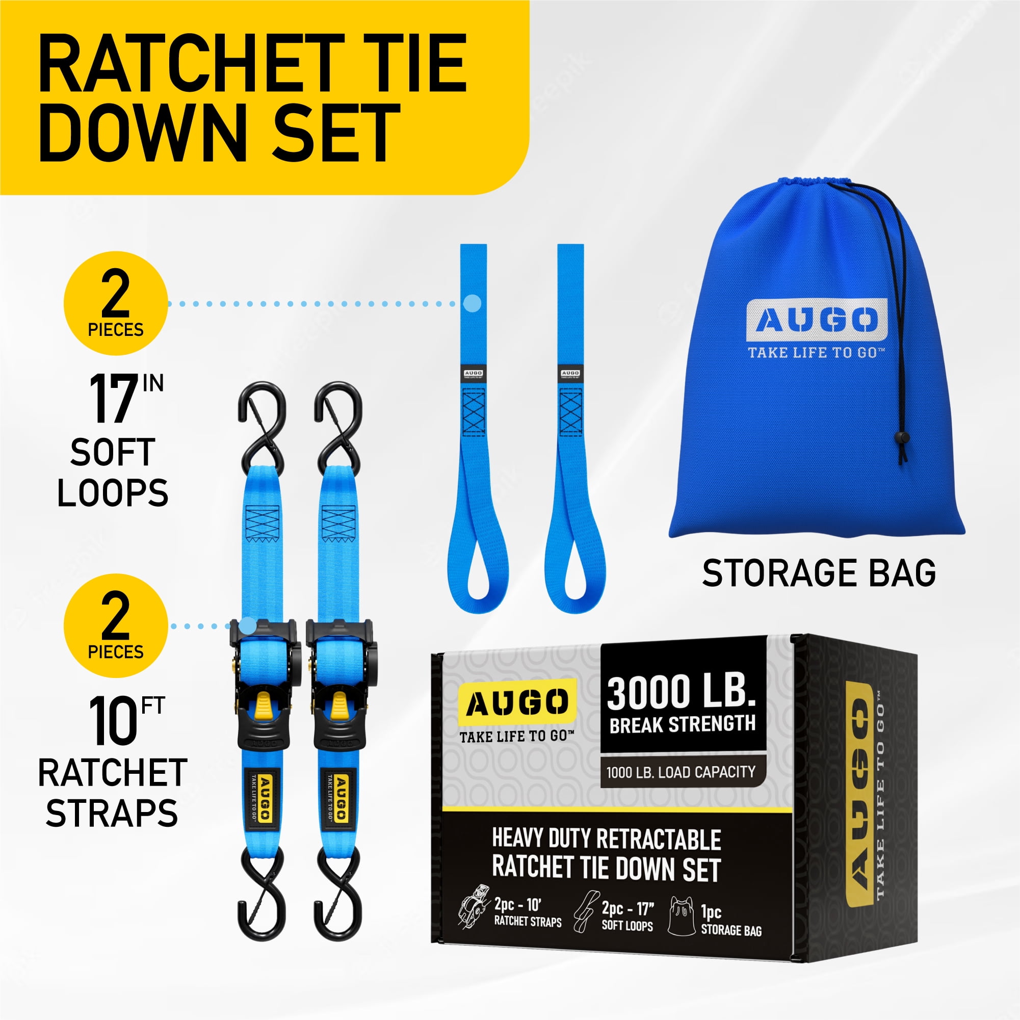 AUGO Retractable Ratchet Straps | 2 Heavy Duty Ratchet Straps Self Retractable Tie Down Straps with Soft Loops & Storage Bag for Motorcycle, Truck, Trailer, Cargo Van |3000 Lb Break Strength 2” x 10’