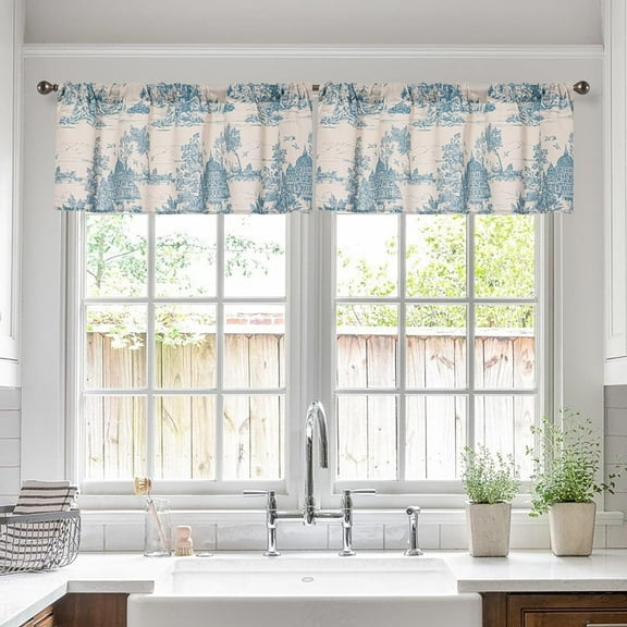 2 Pack Linen Window Valance, 18 Inches Long Kitchen Window Curtains Farmhouse Castle Pattern Rod Pocket Valance for Bathroom Bedroom Living Room, Blue and Natural Color