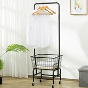 uyoyous 3 Tier Laundry Cart with Clothes Rack, Rolling Laundry Butler with Wire Storage Rack, Black