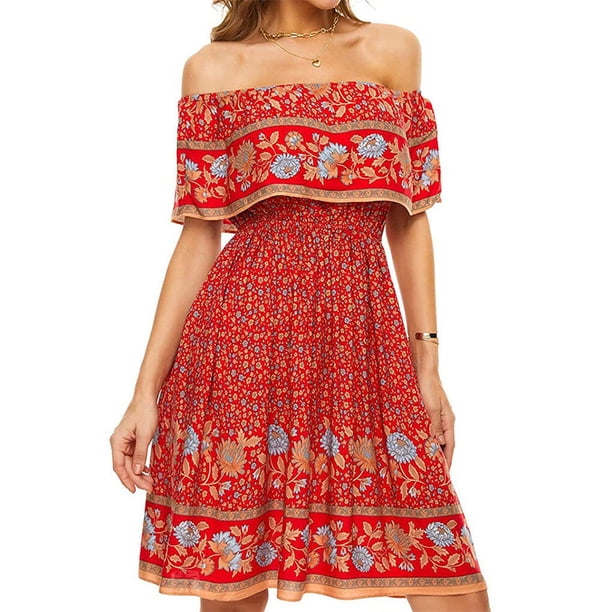 Vestido corto Bohemio Minnieouse Impreso Cintura alta Algodón Mini Sundress Rojo S