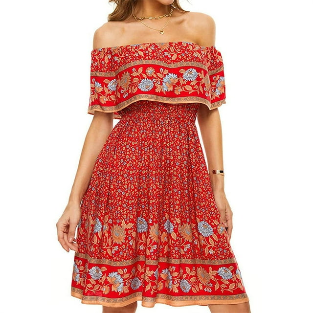 Vestido corto Bohemio Minnieouse Impreso Cintura alta Algodón Mini Sundress Rojo S