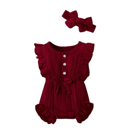 

Newborn Baby Girl Romper Sleeveless Ruffle Jumpsuit with Headband Summer Outfit