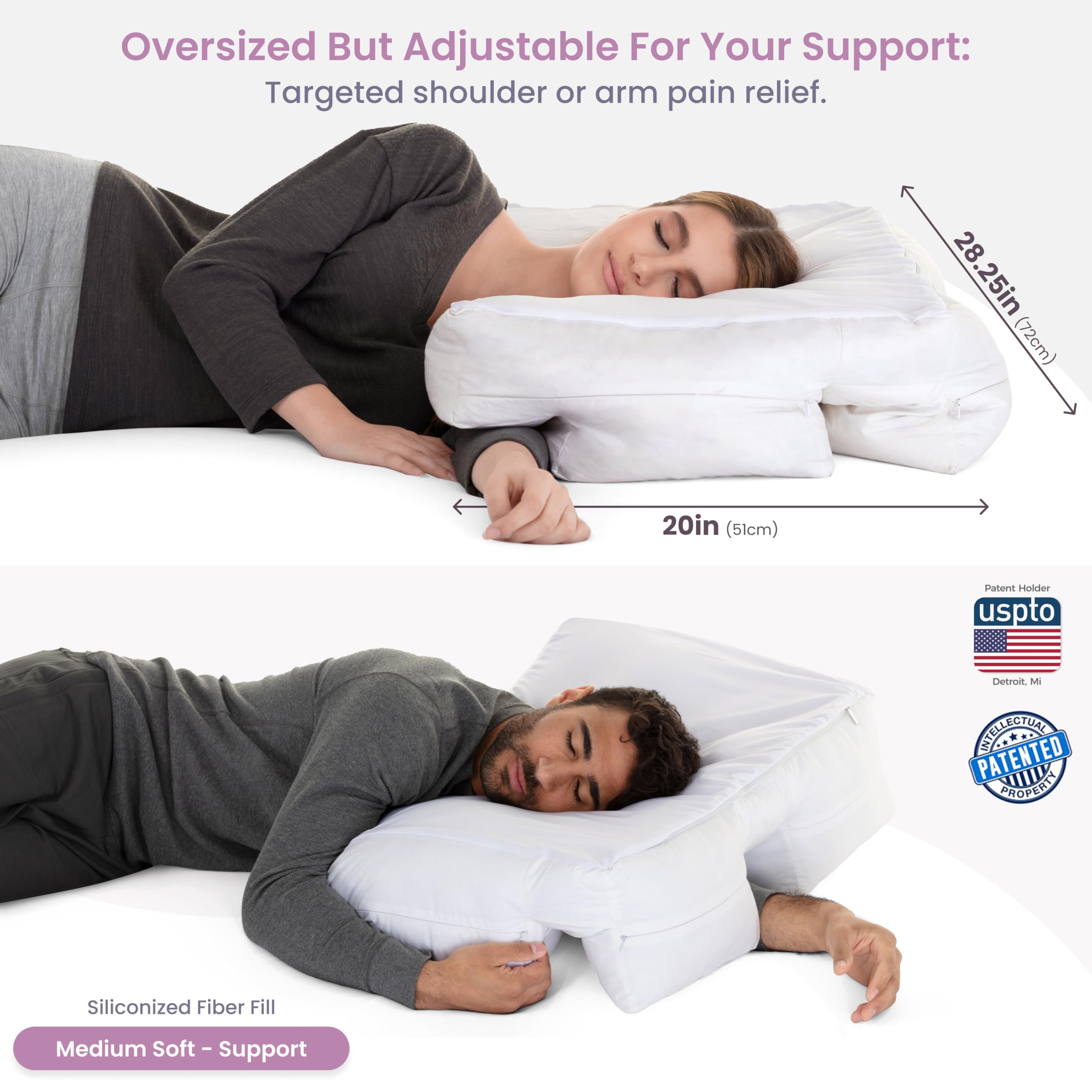 Adjustable Side Sleeper Pillow with Arm Tunnels for Shoulder Pain, Rotator Cuff Support, Arm & Shoulder Relief - Pressure-Free Sleep Pillow for Adults - Down Alternative Fiber Fill