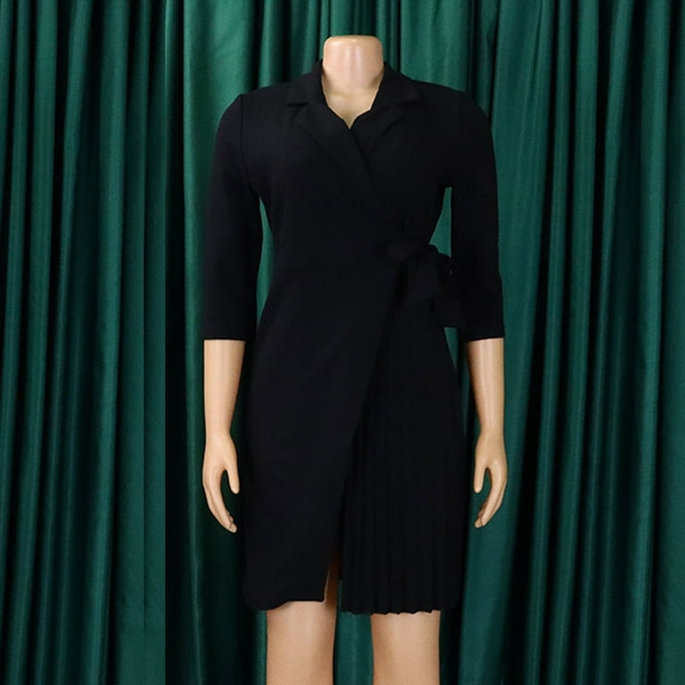 Women's Elegant 3/4 Sleeve Lapel Blazer Dress Fall Wrap Tie Side