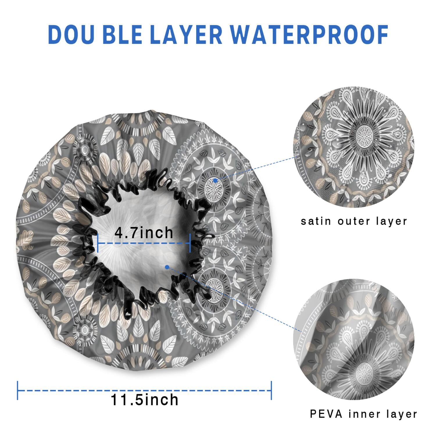 Shower Caps,Gray Floral Mandala and Leaf Pattern Waterproof Shower Cap for Women 4 Pieces,Double Reusable Hair Cover for Shower PEVA Elastic Stretch Hem