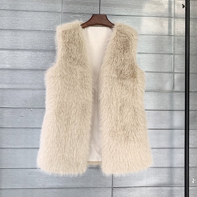 HongQid Womens Faux Fur Vest Coat Winter Shaggy Casual V-neck Jackets Warm Fuzzy Outerwear