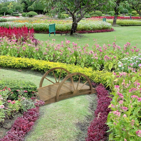Outsunny 3.3ft Wooden Garden Bridge Arc Footbridge with Half-Wheel Style Railings & Solid Fir Construction, Stained Wood