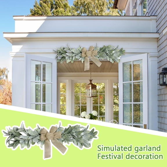 Faux Lambs Ear & Eucalyptus Garland - 60cm Swag Wreath with Burlap Bow | Farmhouse Holiday Front Door Decor