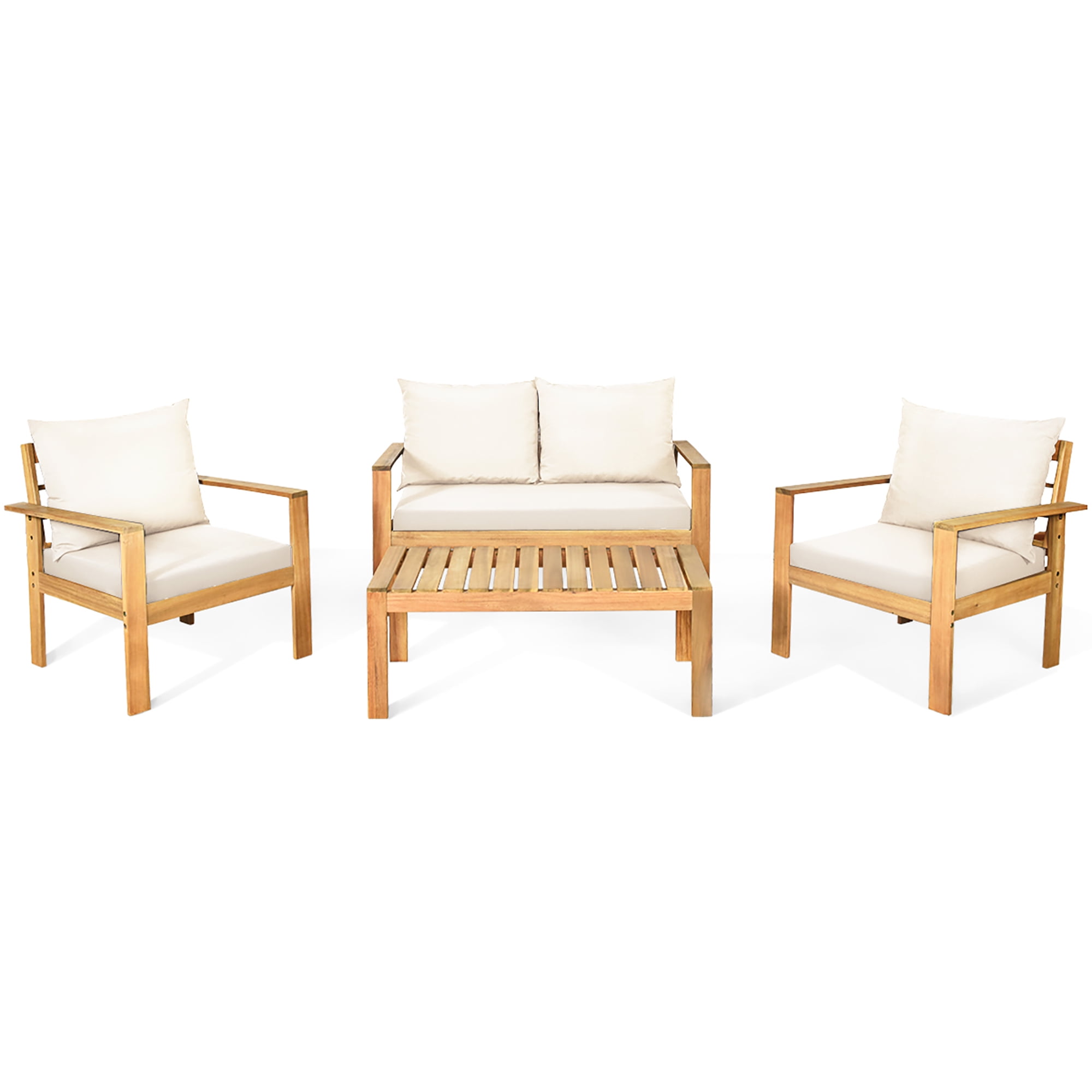 Costway 4PCS Patio Furniture Set Acacia Wood Thick Cushion Loveseat Sofa Off White