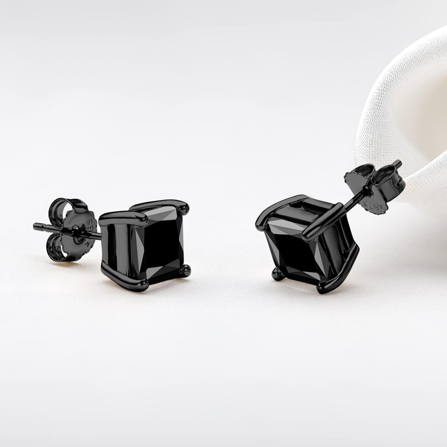 Leander 925 Sterling Silver Black Onyx Stud Earrings For Men Women, Hypoallergenic Mens Viking Rune Square Simulated Diamond CZ Studs Cushion/Round/Princess Cut Onyx Earrings Fine Jewelry