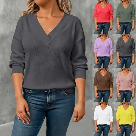 QIUOMBBP Green Womens V Neck Oversized Sweatshirt Solid Color Waffle Knit Pullover Casual Loose Long Sleeve Sweaters Tops XL
