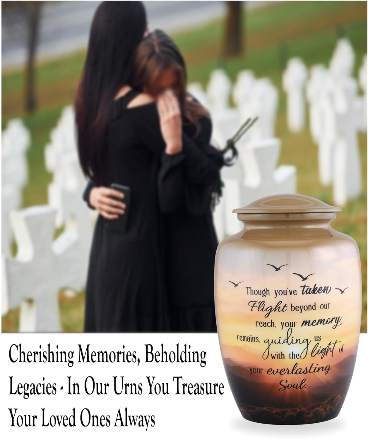 Soulful Flight Cremation Urn for Adult Ashes Sunset Memorial Urn with Birds Large Metal Funeral Urn for Human Ashes Holds Up to 210 Cu In 6.5x6.5x9.75 Inch