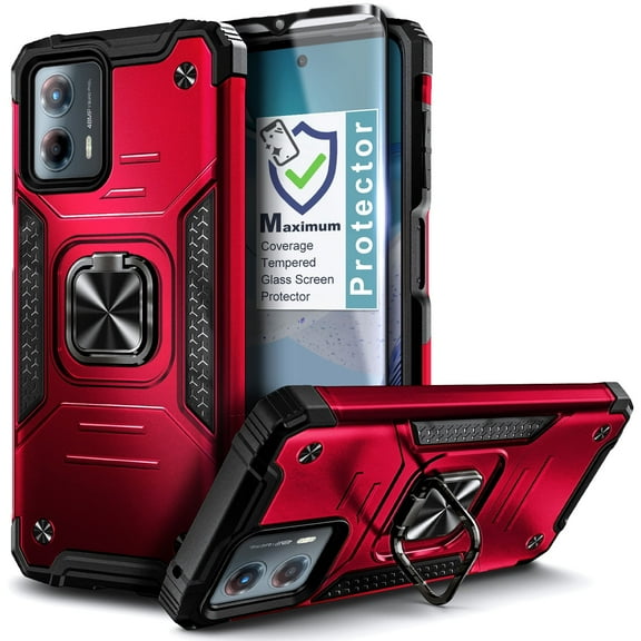 Nagebee Phone Case Compatible for Motorola Moto G 5G (2023) with Tempered Glass Screen Protector, Full-Body Protective [Military-Grade], Magnetic Car Mount Ring Holder Heavy Duty (Red)