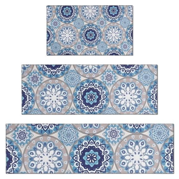 Blue Ethnic Mandala Pattern Kitchen Rugs Sets Of 3,Kitchen Runner Rugs Non Skid Washable,Decorative Kitchen Floor Mats for Kitchen,Sink,Laundry,17"x30" 17"x47" 17"x59"