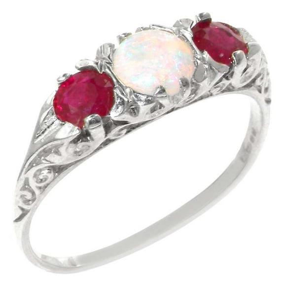 LBG British Made Luxury Solid 10K White Gold Natural Opal & Ruby Trilogy Ring