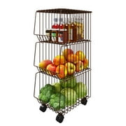 BENOSS 3 Tier Fruit Basket on Wheels Vegetable Storage Cart Metal Wire Basket Rolling Stackable Baskets, Brown