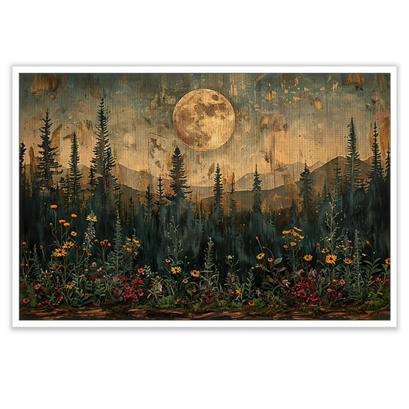Vintage Full Moon Forest Wall Art Rustic Wildflower Poster Nature Pine Tree Decor Romantic Mountain Canvas Print Retro Dark Painting for Farmhouse Bedroom Living Room Aesthetic
