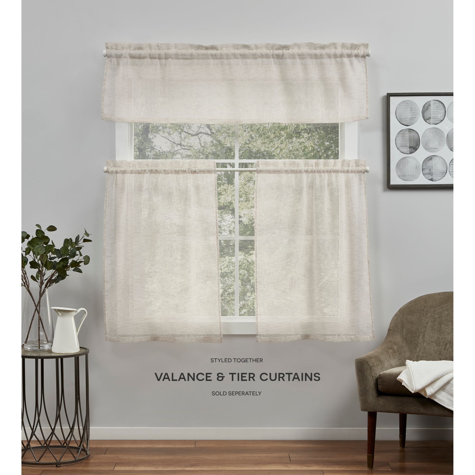 Exclusive Home Curtains Belgian Sheer Rod Pocket Tier Curtain Panel Pair, 26x36, Taupe, Set of 2