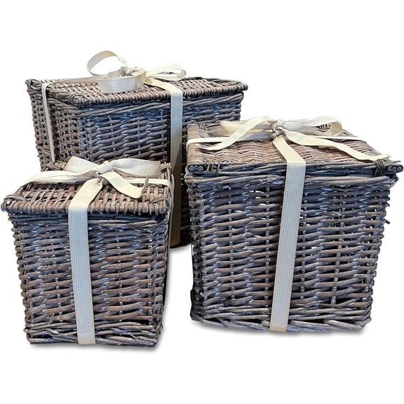 Willow Wicker Boxes, Set of 3, Made by Hand, Grosgrain Ribbon Accents, White Washed Beige, Hinged Lids, 14.75, 11.75 and 8.25 Inches