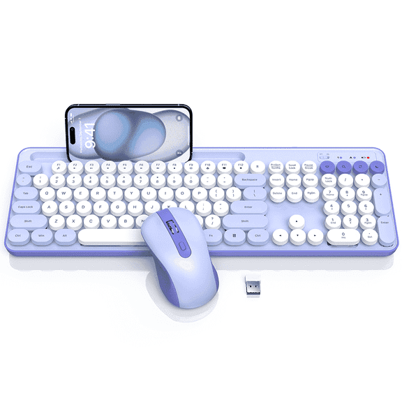 Wagpak Wireless Keyboard and Mouse Set, Purple, New, Retro with Phone Holder - Soft Clicks & Convenient Design for Work and Study