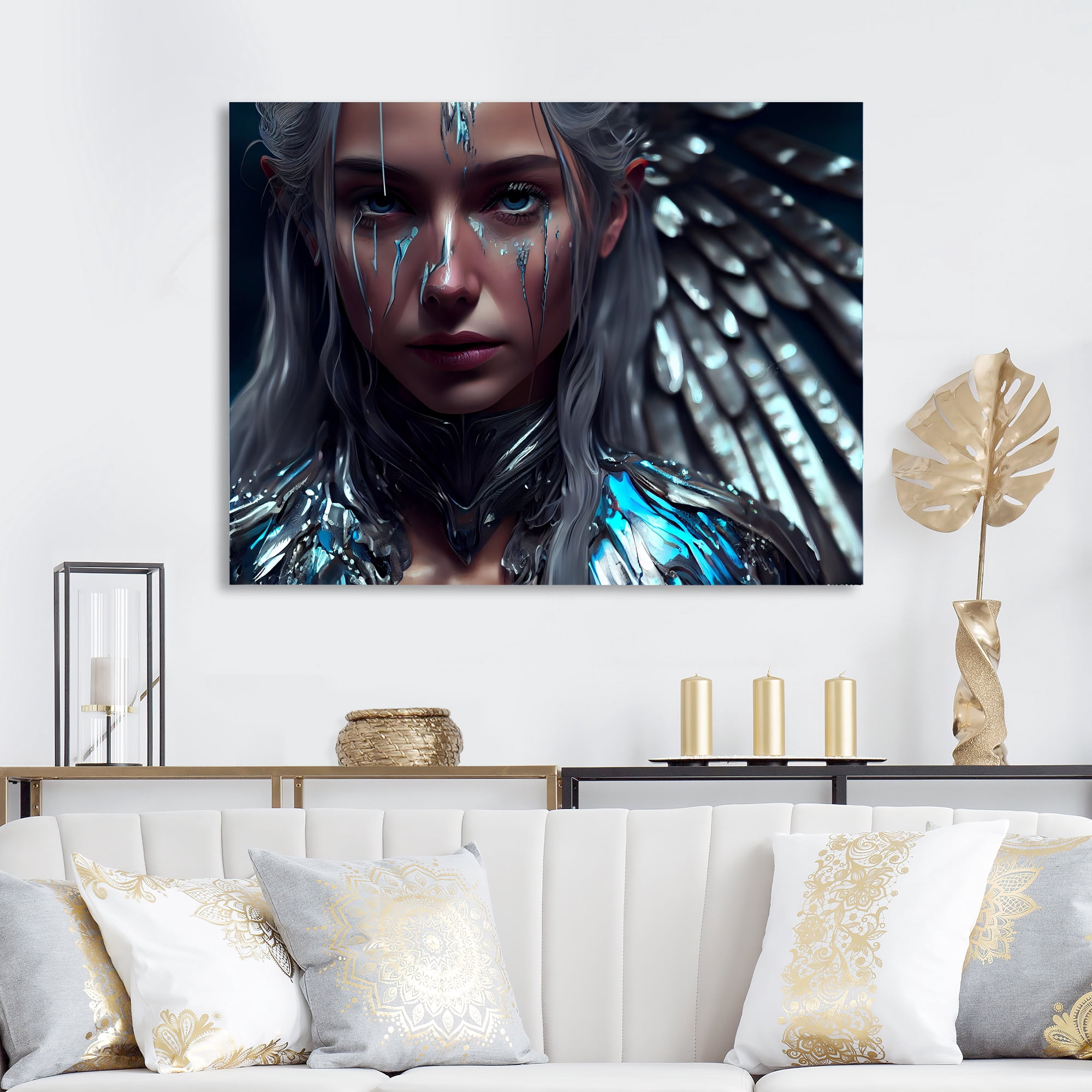 Designart Silver Ice And Blue Archangel VII Canvas Wall Art