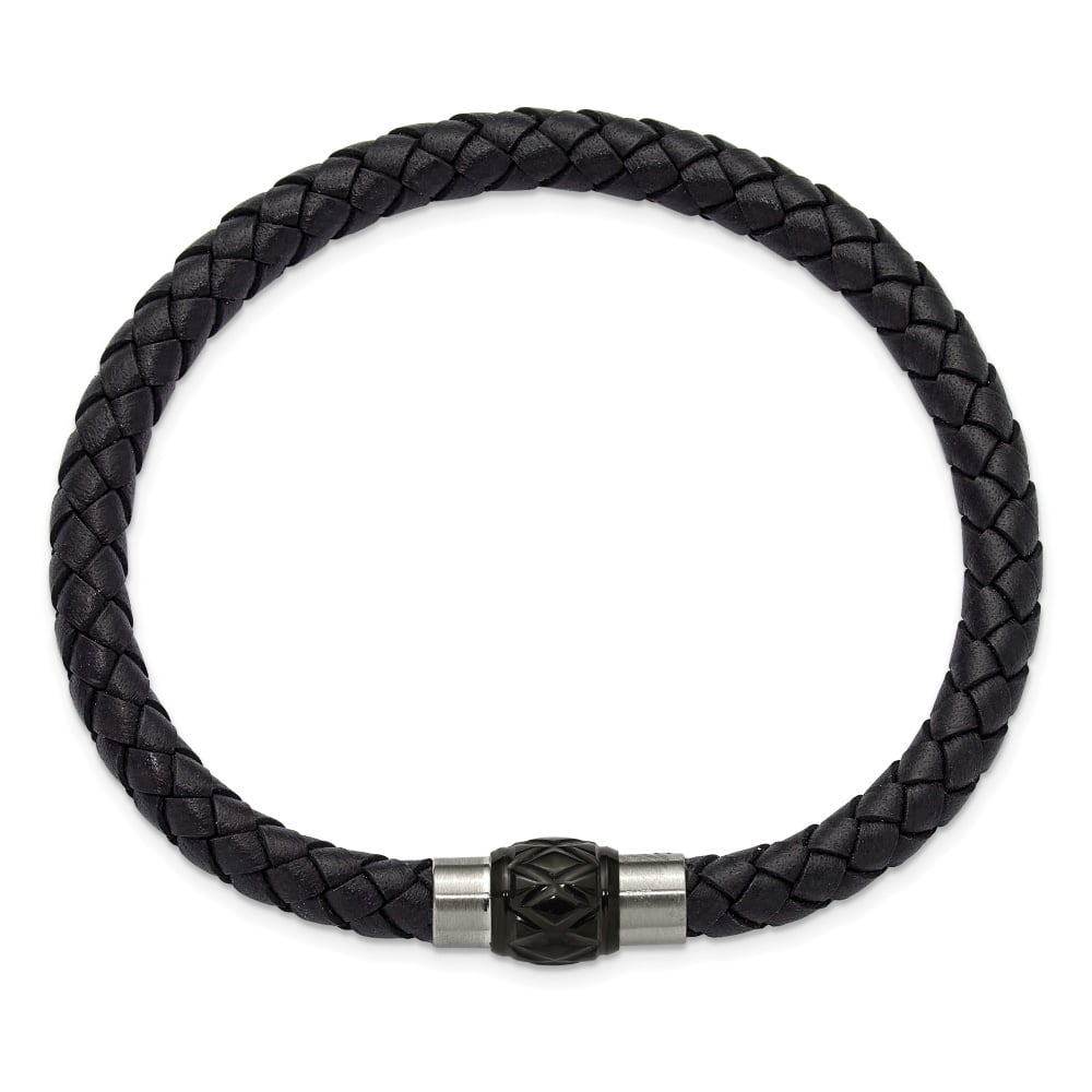 Diamond2Deal Stainless Steel Brushed and Polished Black Woven Leather Bracelet for Men 8.5"