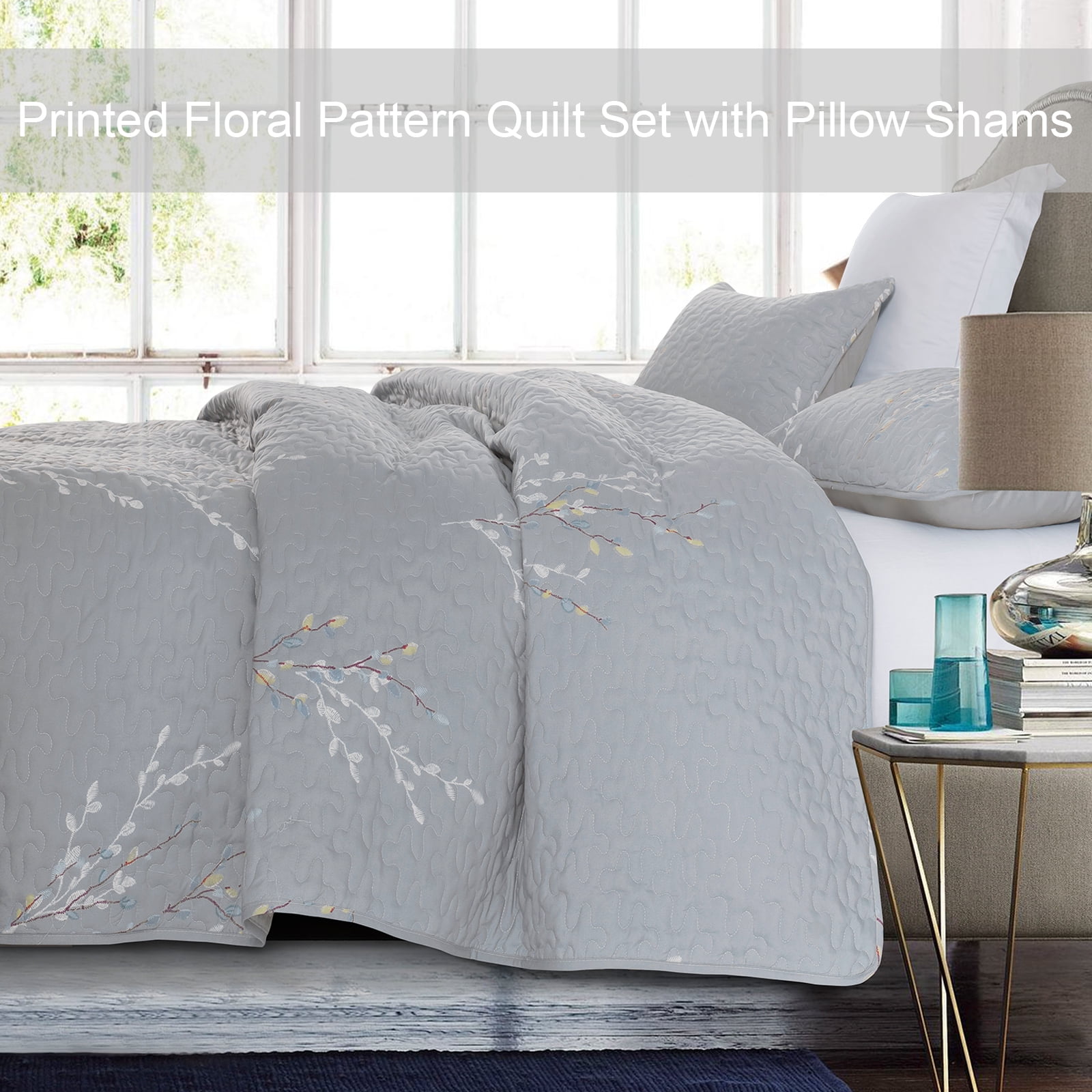 Exclusivo Mezcla Microfiber Twin Size Quilt Set, 2 Pieces Lightweight Bedspreads/ Coverlet/ Bedding Set with 1 Pillow Sham, Floral Branches Pattern (68"x 88", Gray)