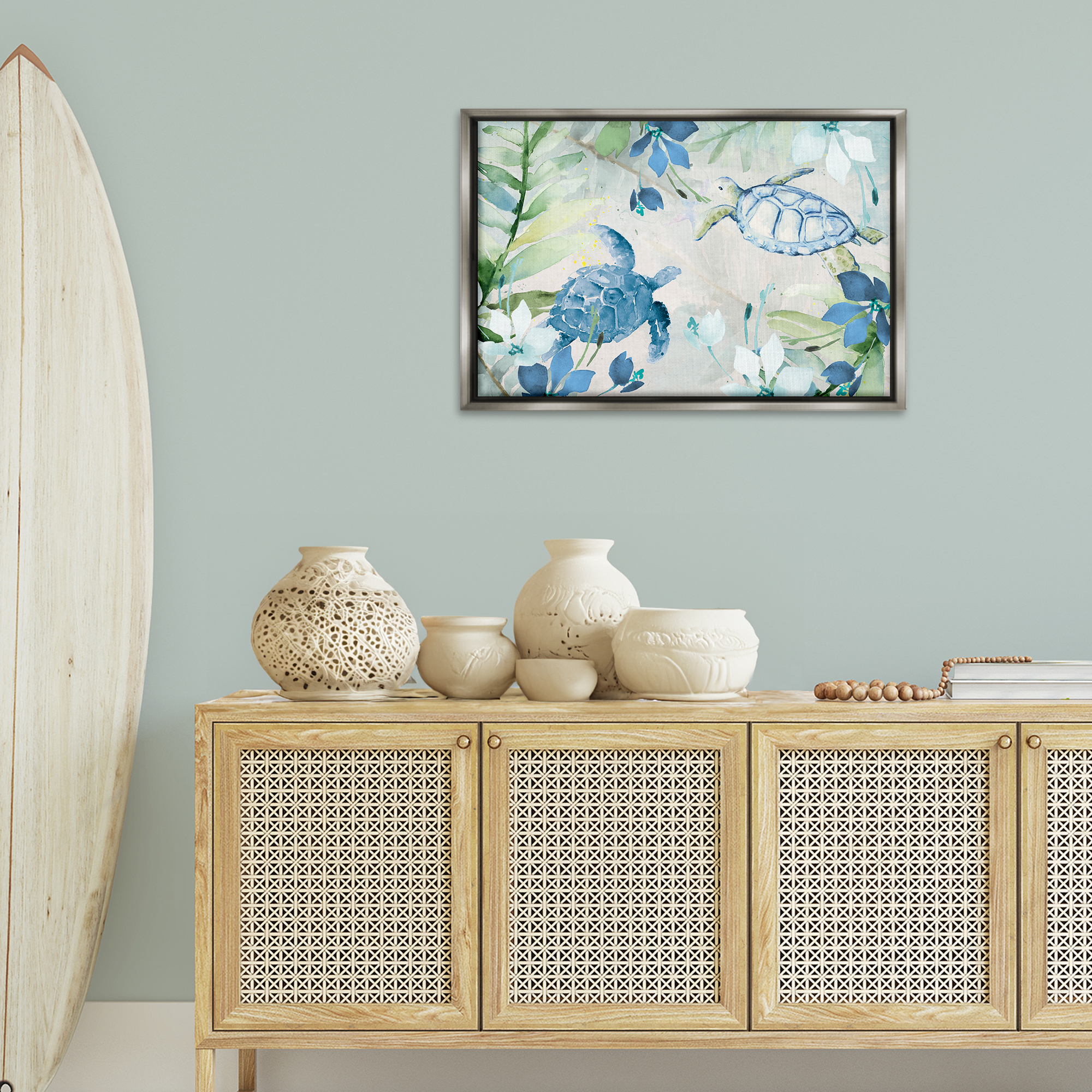 Stupell Industries Turtles Among Flowers Coastal Painting Gray Floater Framed Canvas Art Print Wall Art, 31 x 21