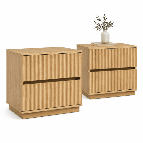 EcoNovi Natural Oak Fluted Nightstand, 1 or 2 Pack, 23.6" Wide Japandi Bedside Table with 2 Handleless Drawers