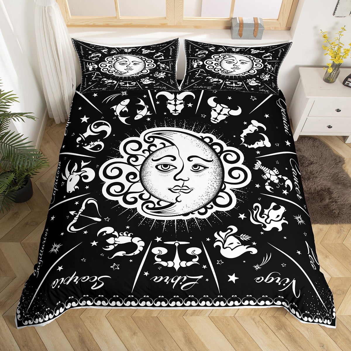 Sun and Moon Comforter Cover Twin, Zodiac Signs Astrology Duvet Cover