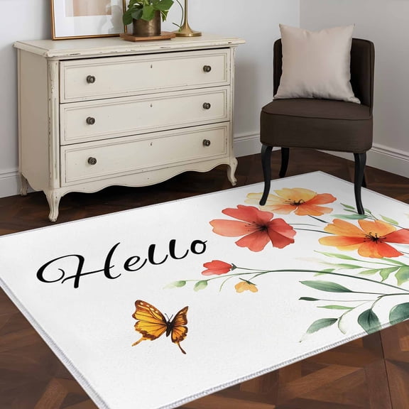 3'x5' Area Rugs, Orange Red Floral Indoor Outdoor Area Rug for Living Room Bedroom, Rustic Pastoral Botanical Butterfly Washable Bathroom Rugs Kitchen Floor Carpet Mats Home Decor Aesthetic