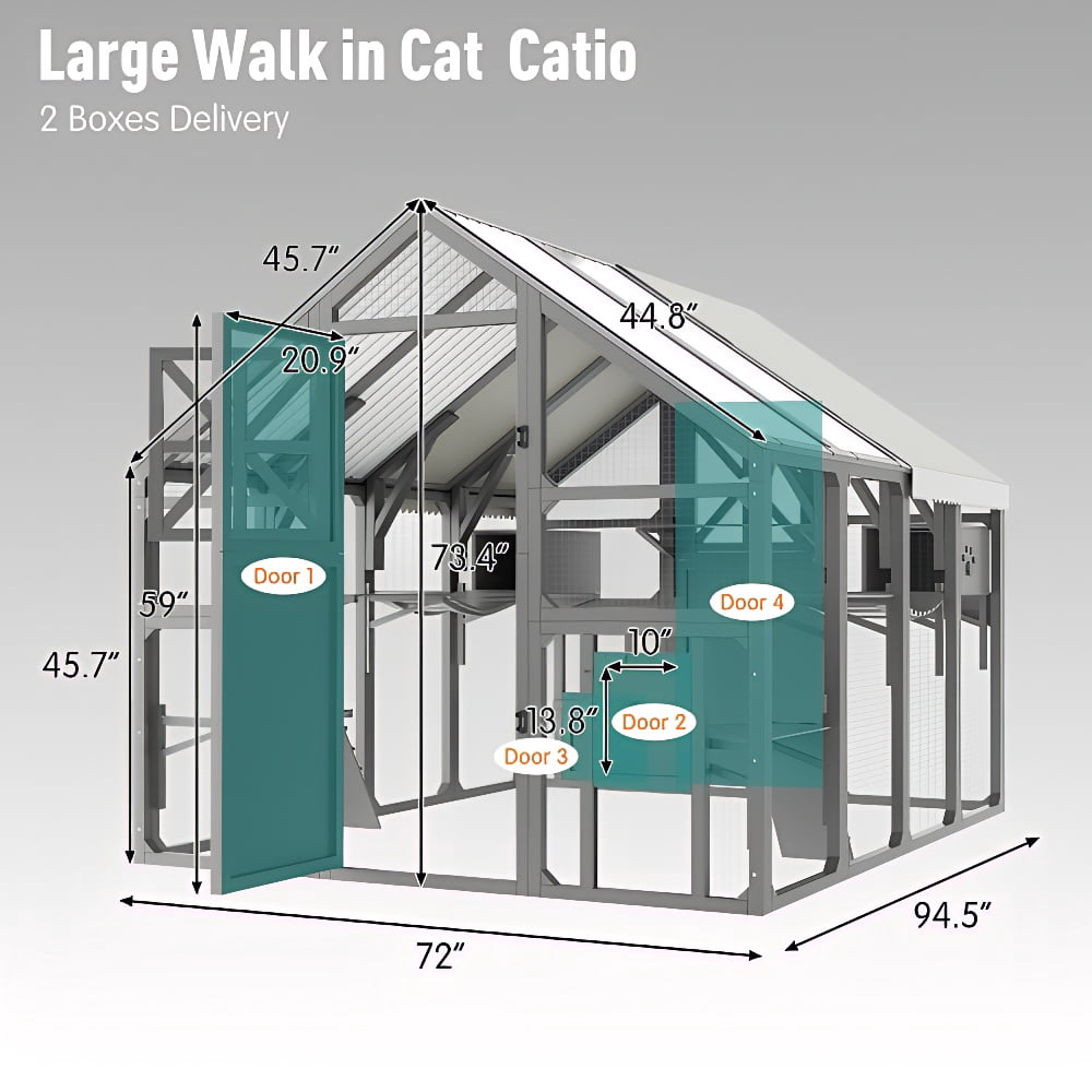 Large Wooden Outdoor Catio, Walk-in Cat Enclosure with 8 Platforms, 2 Insulated Resting Boxes & Bridges, All Weather PVC Roof Cat House for Multiple Cats
