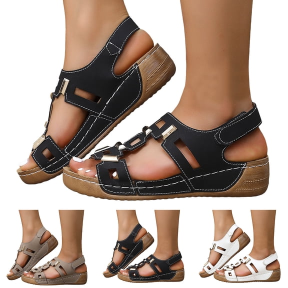 Dakaela Women's Wedge Sandals Arch Support Slip on Orthopedic Platform Sandal Comfortable Strappy Walking Beach Summer Shoes Black 6.5