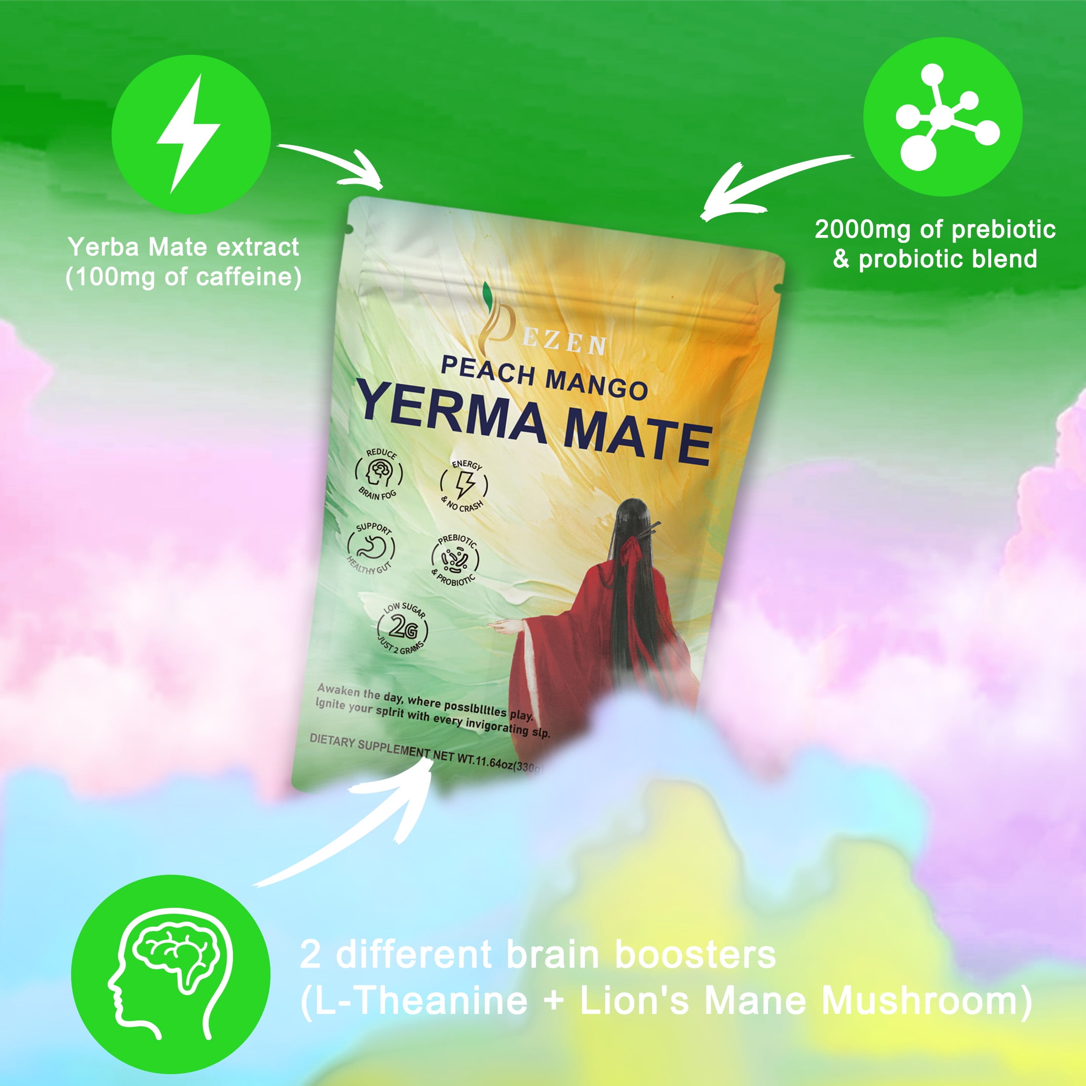 DEZEN Combo Pack Calm Magnesium Powder Drink Mix + Yerba Mate Instant Tea Powder