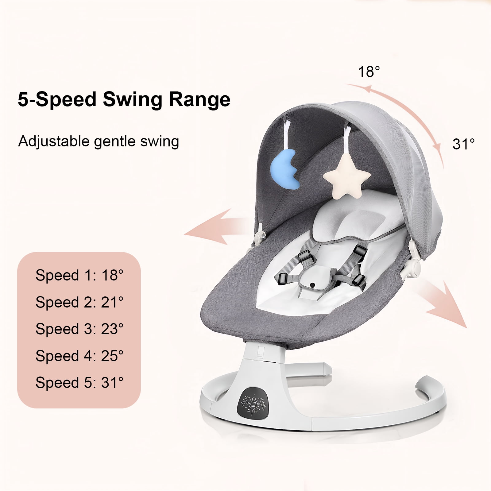 Baby Swing Infant Swing Electric Toddler Baby Rocker Portable for Newborn Boy Girl, 5 Natural Motion Speeds with Remote Control, Preset Melodies, Timer and Bluetooth, 0 - 12 Months Max 20 Lbs (GREY)