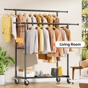 HOKEEPER Heavy Duty Double Rails Clothes Rack with Shelves, 450lbs Capacity Steel Garment Rack with Wheels, Commercial Grade Adjustable Length Bottom Mesh Shelf for Storage, Black