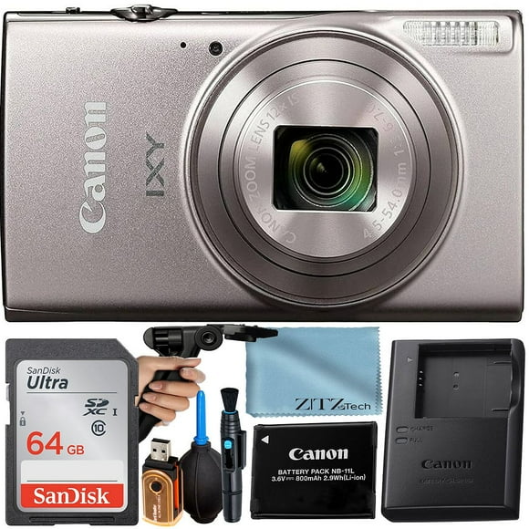 Canon PowerShot IXY 650 (ELPH 360) HS Digital Camera (Silver) with 12x Optical Zoom Lens + 64GB Memory Card + Cleaning Pen + ZeeTech Starter Bundle