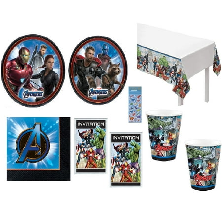Avengers Birthday Party Supplies Bundle Pack includes 16 Plates 7", 16 Napkins, 16 Paper Cups, 16 Invitations, 1 Plastic Table Cover, 1 Dinosaur Sticker Sheet