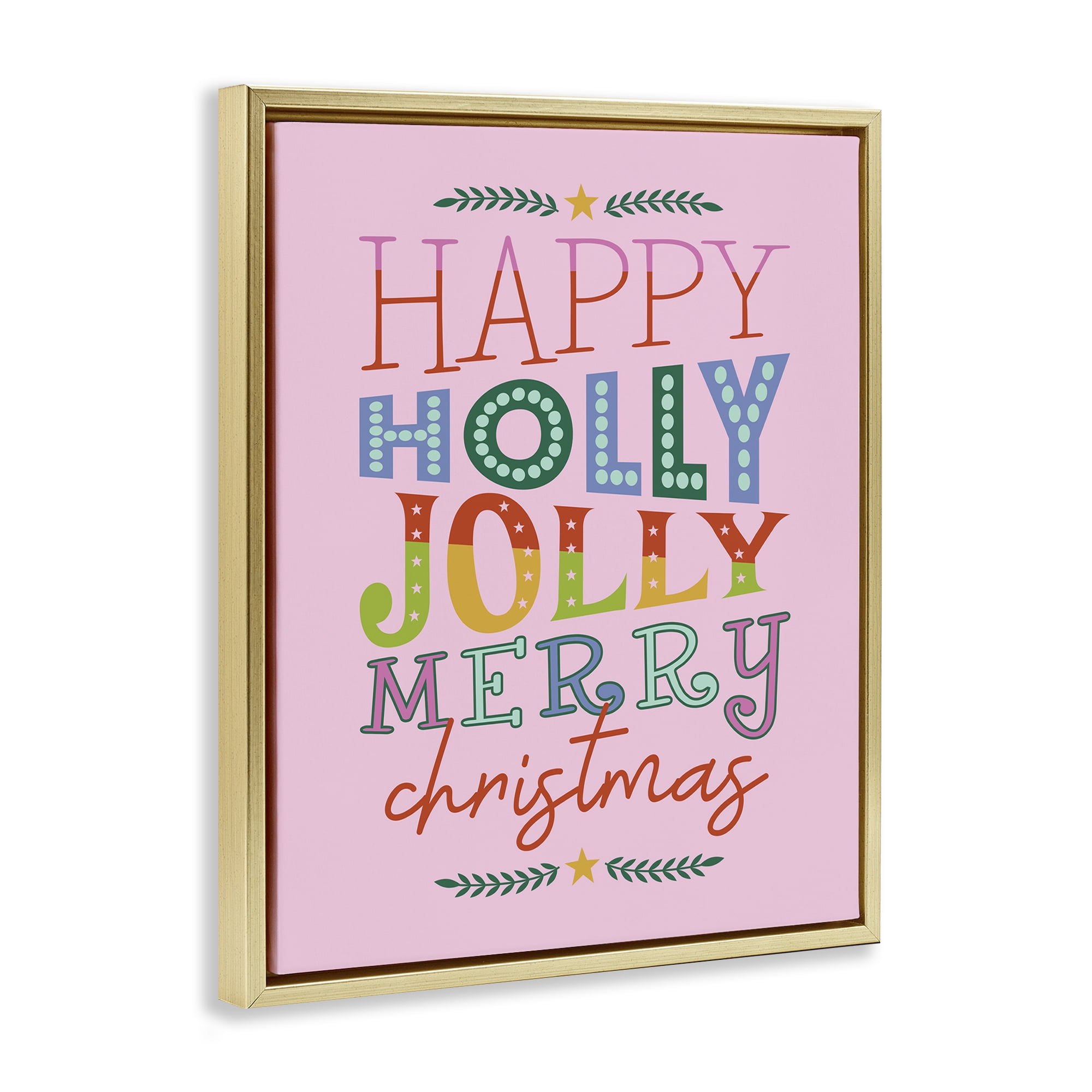 Stupell Industries Happy Holly Jolly Xmas Holiday Painting Gold Floater Framed Canvas Art Prints Wall Art, 17 x 21