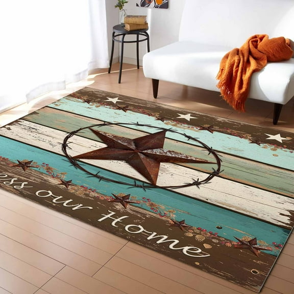 Area Rugs Indoor Non-Slip Rectangle Rug 5x8 Ft Texas Star Bless Your Home Vintage Farm Star Wood Grain Rug Rubber Backing Floor Mats Non Shedding Home Decor Carpet for Entryway Living Room