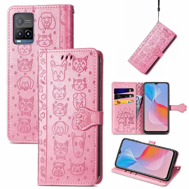 Funda Cartera FOXDOCK para VIVO Y21S , Flip PU con Relieve de Gatos y Perros, Tarjetero y Soporte