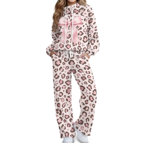 Glofpot Women's 2 Piece Outfits, Mock Neck Sweatsuits Loungewear Set Long Sleeve Sweatshirt, Wide Leg Sweatpants, Oversized Sweat Sets, Casual Tracksuit, Drawstring Activewear, Pink Leopard Bow